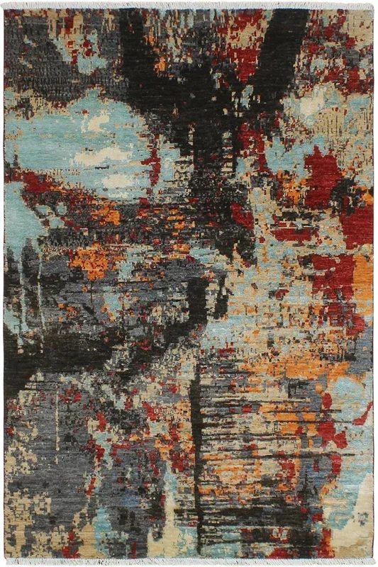 Abstract Ziegler Thompson Black/Red Wool&Silk Rug – 4’0” x 5’10”