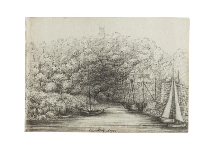 Antique Calstock Plymouth Ship Sketch