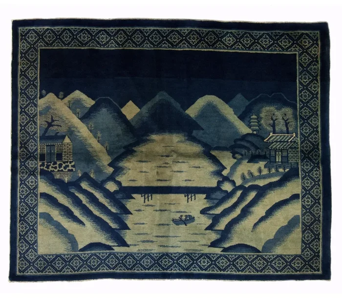 ANTIQUE CHINESE PAO TAO BLUE LANDSCAPE 4′ 11” x 6′ 0″