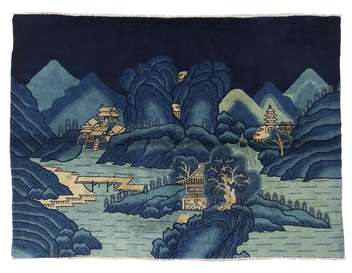 ANTIQUE CHINESE PAO TAO DO, BLUE LANDSCAPE 4’4” x 6’0”
