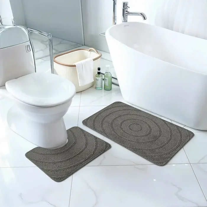APRIL Piece Machine Washable Non-Slip Dark Grey Bathroom Rug Set Grey