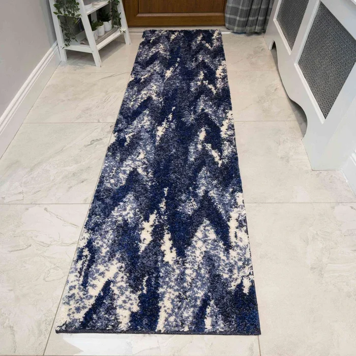 Blue Navy Chevron Mottled Shaggy Hall Runner Rug