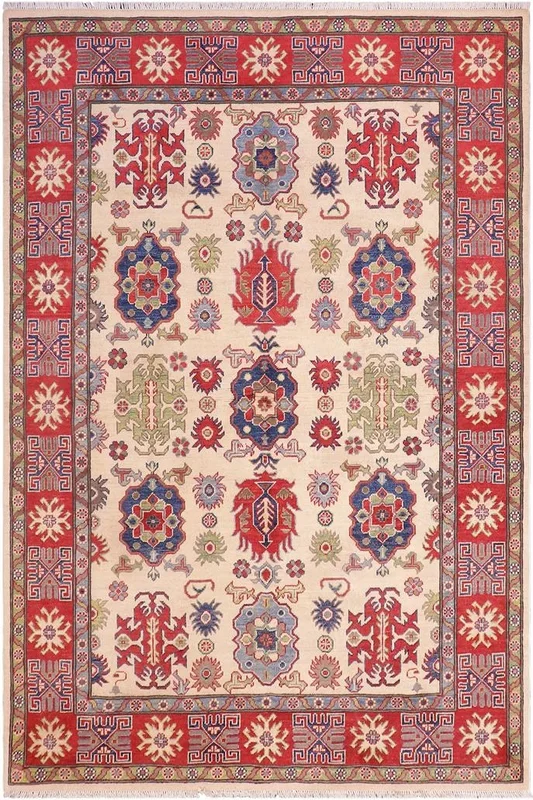 Bohemian Kazak Emery Ivory/Red Wool Rug – 5’6” x 7’8”