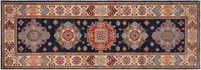 Bohemian Kazak Karina Blue/Beige Wool Runner – 2’8” x 7’9”