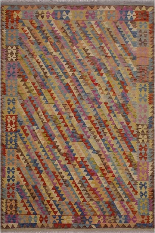 Boho Chic Turkish Kilim Bev Hand-Woven Wool Rug – 6’7” x 9’9”