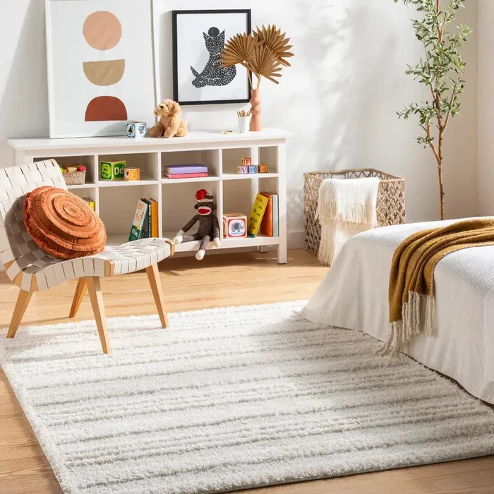 CHUMINI Shaggy Modern Plush Pile Cream Striped Rug