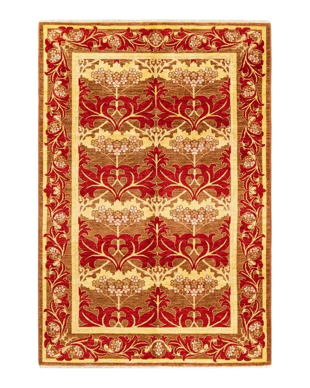 Contemporary Hand Knotted Arts & Crafts Floral Yellow Area Rug 6′ 1″ x 8′ 10″