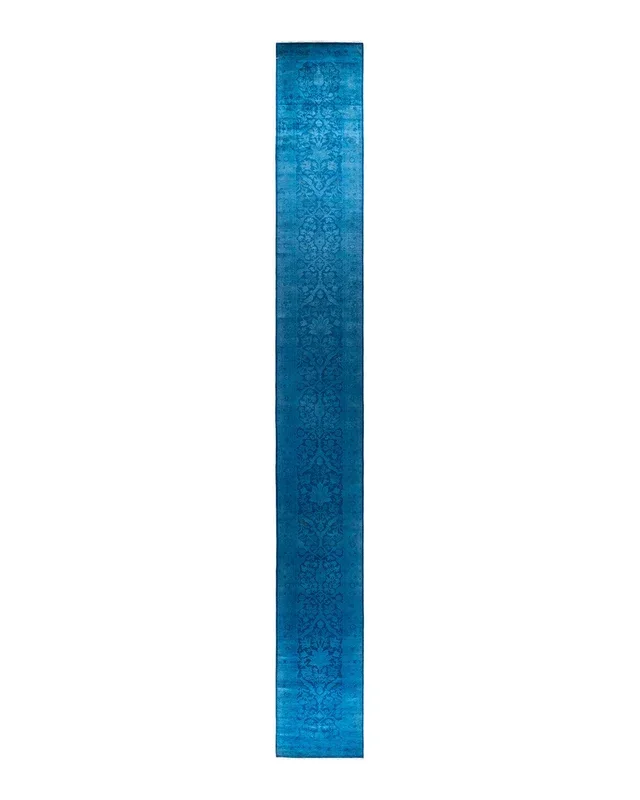 Contemporary Hand-Knotted Blue Runner 2′ 7″ x 21′ 10″