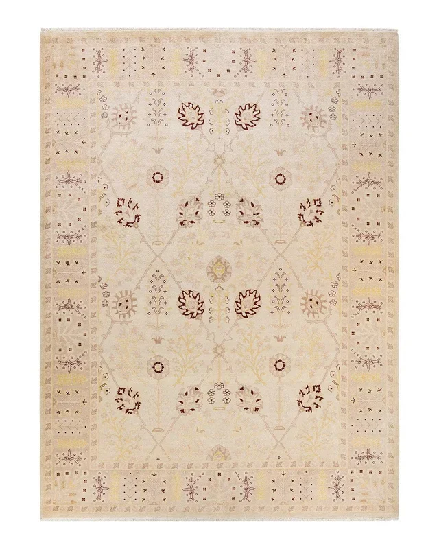 Contemporary Hand Knotted Eclectic Floral Ivory Area Rug 9′ 3″ x 12′ 3″
