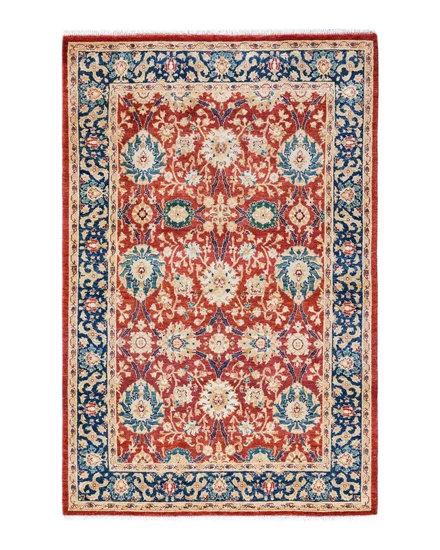 Contemporary Hand Knotted Eclectic Floral Orange Area Rug 4′ 0″ x 6′ 1″