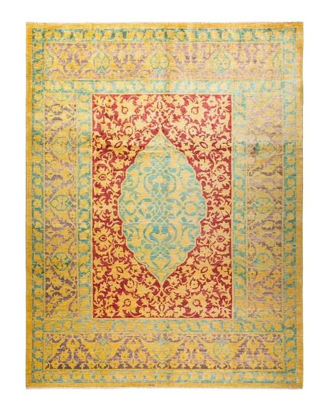 Contemporary Hand Knotted Eclectic Floral Yellow Area Rug 9′ 2″ x 11′ 10″