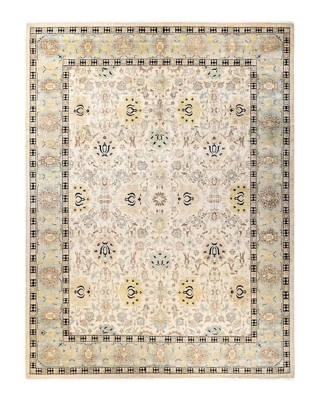 Contemporary Hand Knotted Eclectic Ivory Area Rug 9′ 2″ x 12′ 3″