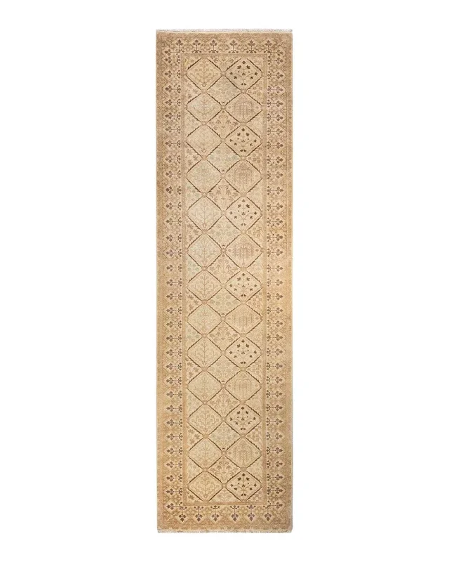 Contemporary Hand Knotted Eclectic Oriental Ivory Runner 3′ 2″ x 11′ 8″