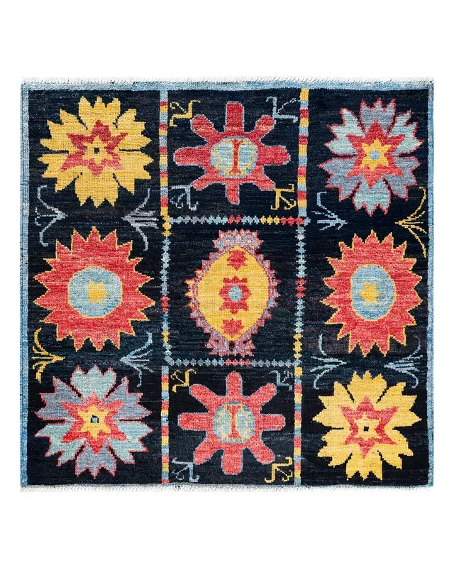 Contemporary Hand-Knotted Modern Abstract Black Square Area Rug 4′ 10″ x 5′ 0″