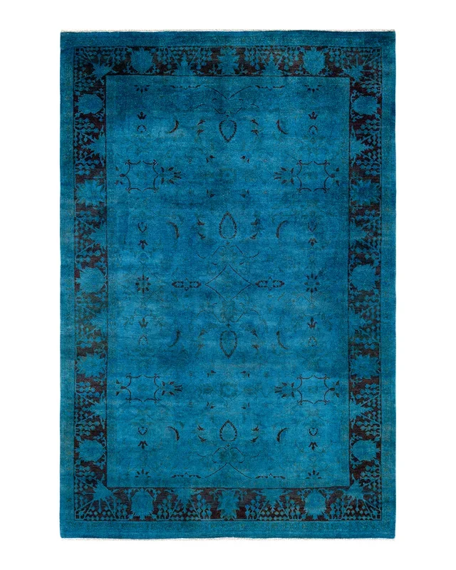 Contemporary Hand-Knotted Overdyed Blue Area Rug 6′ 1″ x 9′ 3″