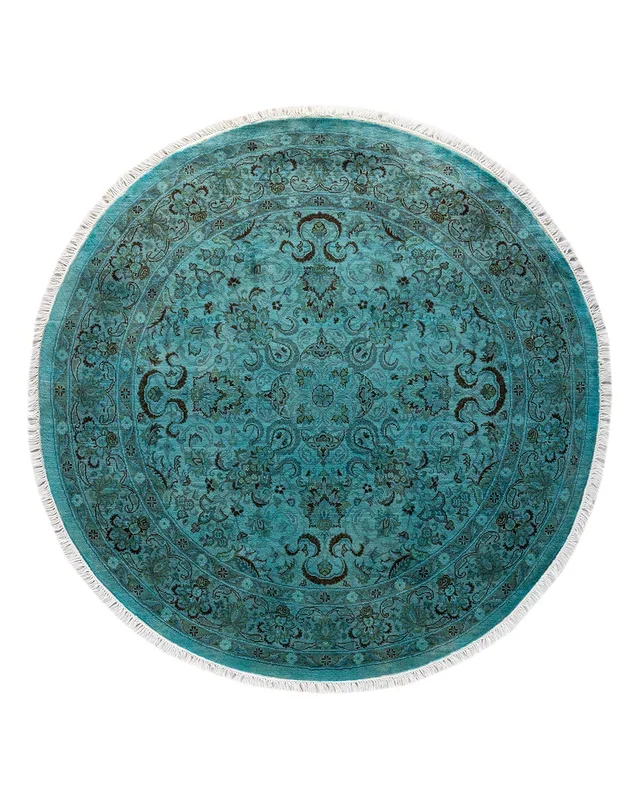 Contemporary Hand-Knotted Overdyed Blue Round Area Rug 4′ 2″ x 4′ 3″