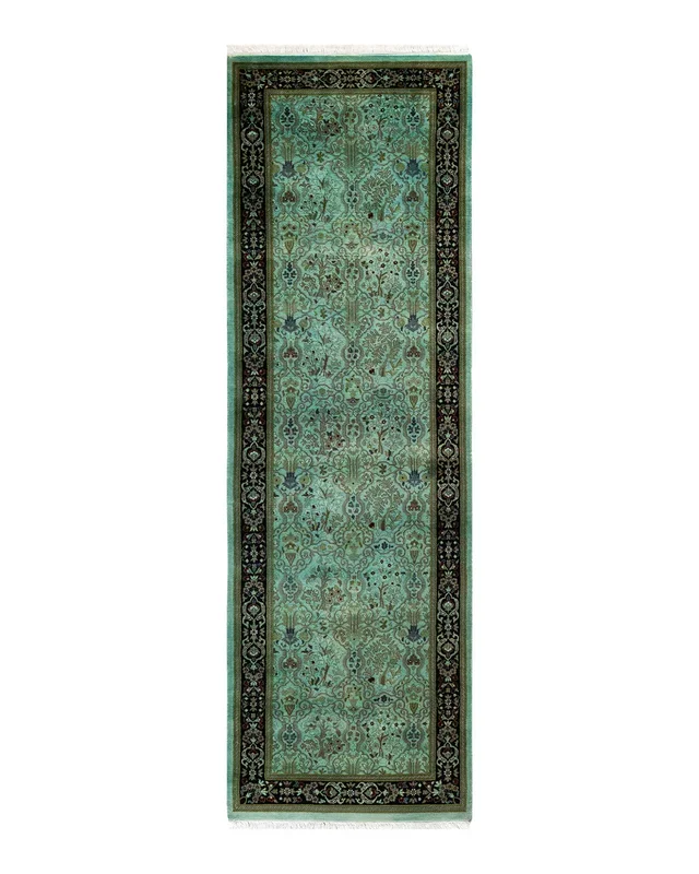Contemporary Hand-Knotted Overdyed Green Runner 2′ 6″ x 8′ 1″