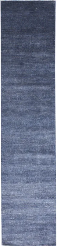 Contemporary Handmade Blue Wool Viscose Runner Rug 2’8 x 12’1