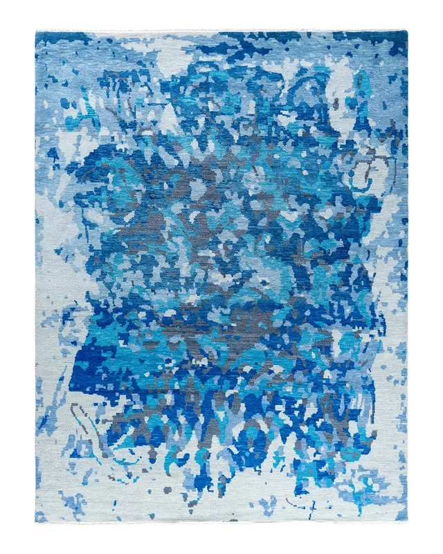 Contemporary Modern Hand Knotted Abstract Wool Blue Area Rug 7′ 10″ x 10′ 2″