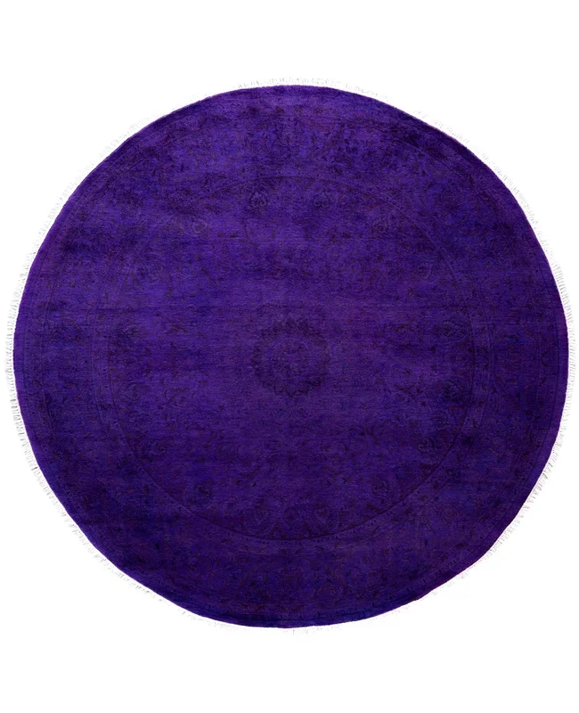 Contemporary Overdyed Wool Hand Knotted Purple Round Area Rug 6′ 8″ x 6′ 8″