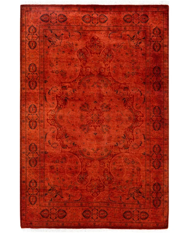 Contemporary Overdyed Wool Hand Knotted Red Area Rug 4′ 2″ x 6′ 2″