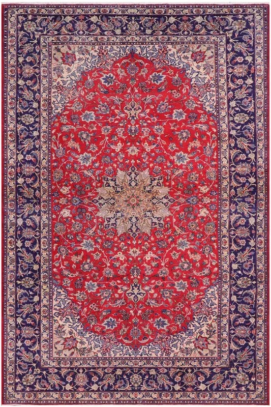 Distressed Antique Kashan Brayan Red/Blue Wool Rug – 9’9” x 15’11”