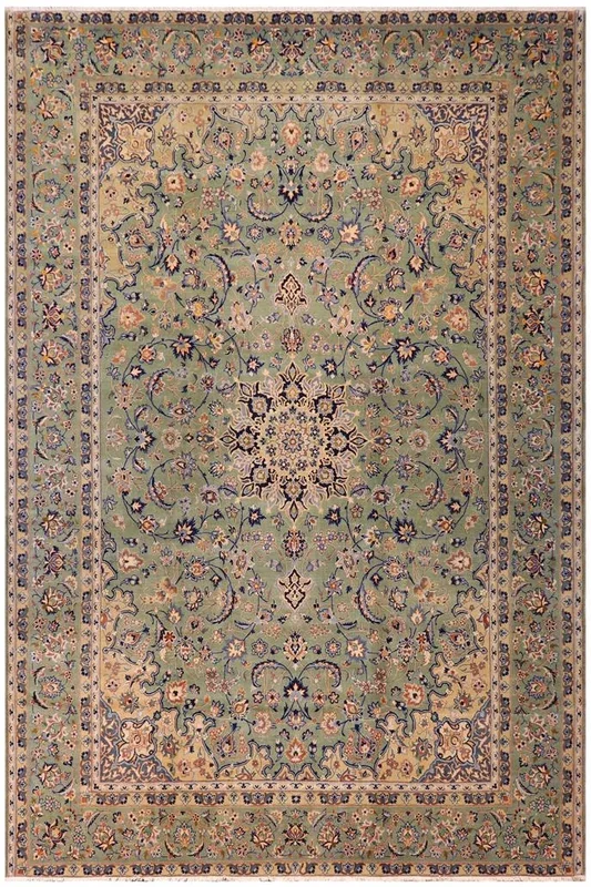 Distressed Antique Kashan Lindsay Green/Blue Wool Rug – 10’0” x 13’5”