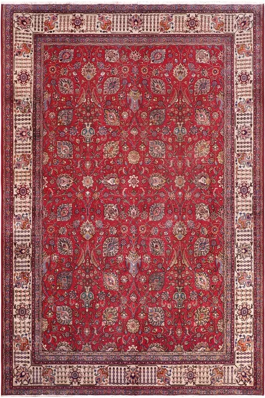 Distressed Antique Tabriz Harvey Red/Beige Wool Rug – 9’11” x 13’2”