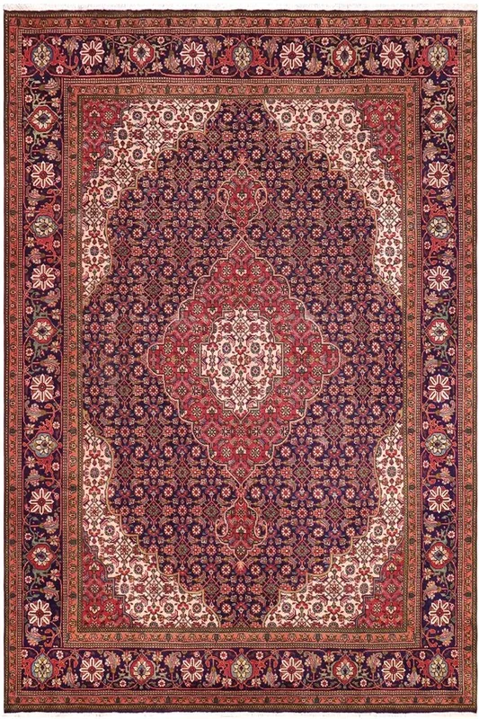 Distressed Antique Tabriz Mahi Black Blue/Red Wool Rug – 9’8” x 12’5”