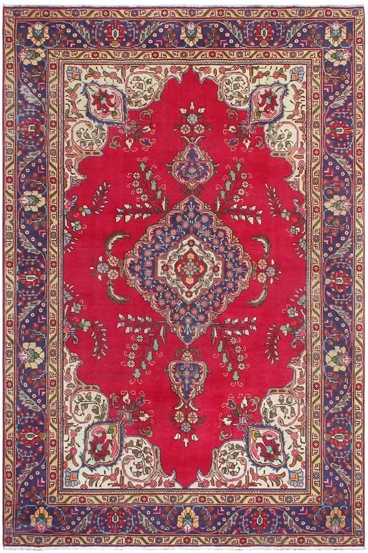 Distressed Antique Tabriz Palmer Red/Blue Wool Rug – 6’9” x 9’5”