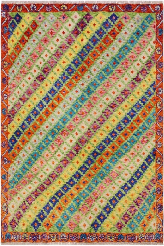 Eclectic Balochi Anjanett Green/Orange Wool Rug – 4’9” x 6’6”