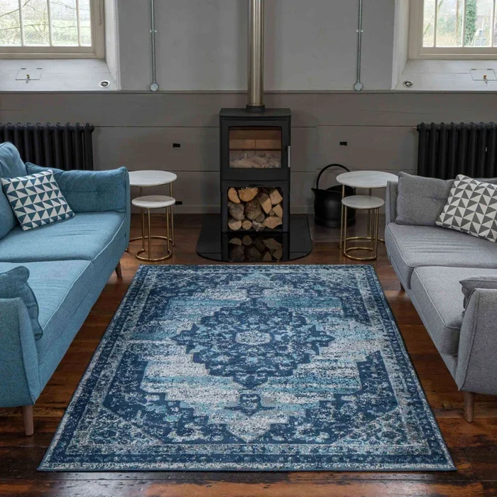 Faded Distressed Navy Blue Oriental Pattern Rug