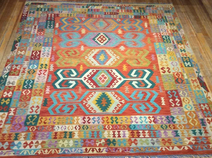 Flat Weave Natural Dye / Hand Spun Wool Kalim Rug 10′ x 8′.5″
