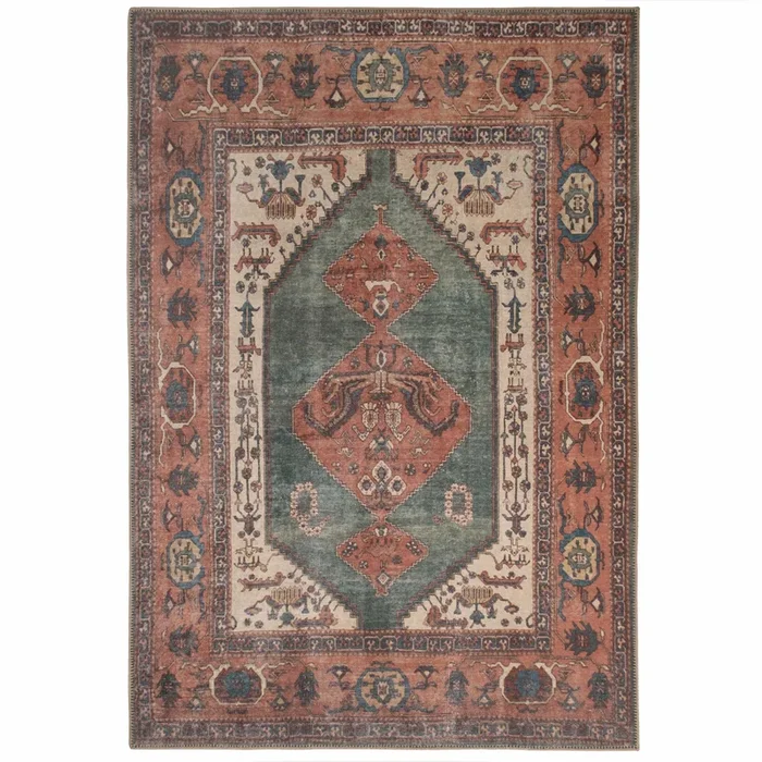 Flatwoven Washable Distressed Terracotta Green Boho Rug – Faro