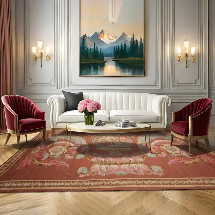 French Aubusson Hand Woven 100% Wool Traditional Scrolls Area Rug Rose 6’x12′
