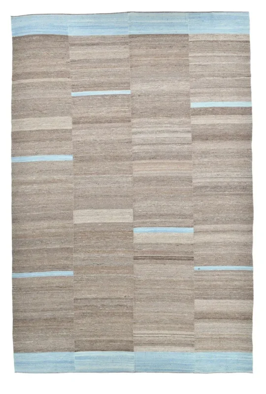 Geometric Gray & Blue Kilim Handwoven Wool Rug Light Blue stripes 8’3″ x 12’11” ft