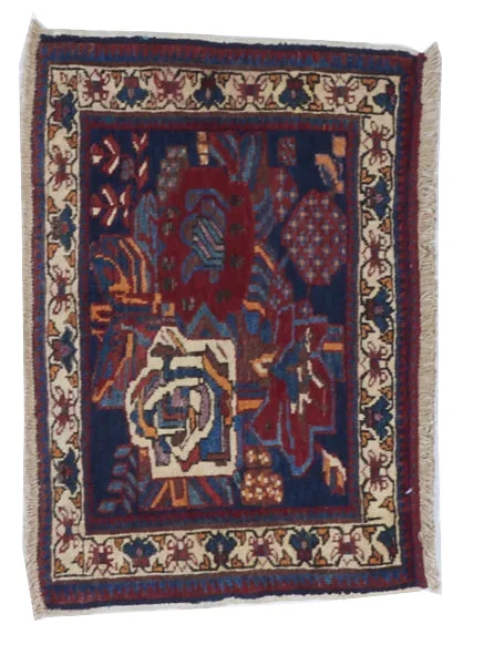 Hamadan Handmade Blue Ivory Red Multicolor Wool Rug 1’10 x 2’8