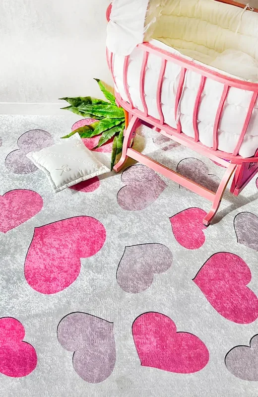 Heart Pattern Pink Kids Rug