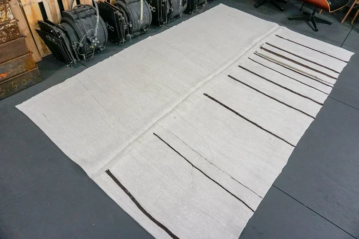 Hemp Kilim 6 x 10 Scandinavian Style MCM Off White + Brown Pure Organic Hemp Vintage Turkish Flatweave Rug 70’s Patched ‘936
