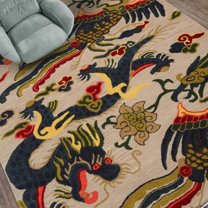 loomBloom 3×5 Cream Hand Tufted Pictorial Transitional Chinese Art Deco Dragon & Phoenix Wool Oriental Area Rug
