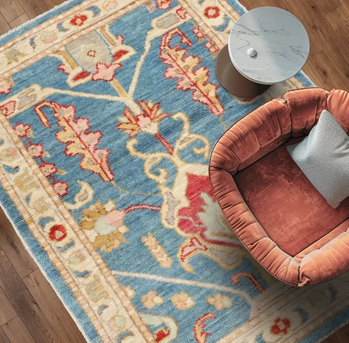 LoomBloom 3’x5′ Blue Hand Knotted Turkish Oushak Traditional All-Over Wool Oriental Area Rug