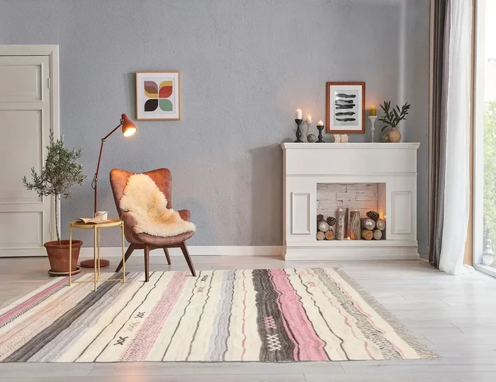 LoomBloom 5×8 Hand-Woven Ivory Wool Kilim Oriental Area Rug