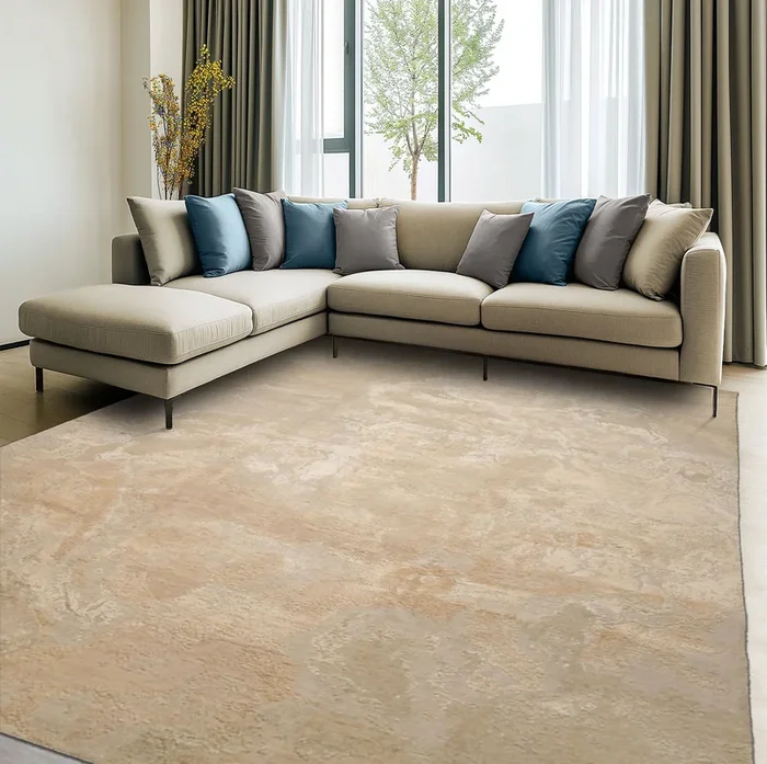 loomBloom 8×10 Beige, Tan Hand Knotted Tibetan Sherpa Modern Abstract Wool and Silk Oriental Area Rug