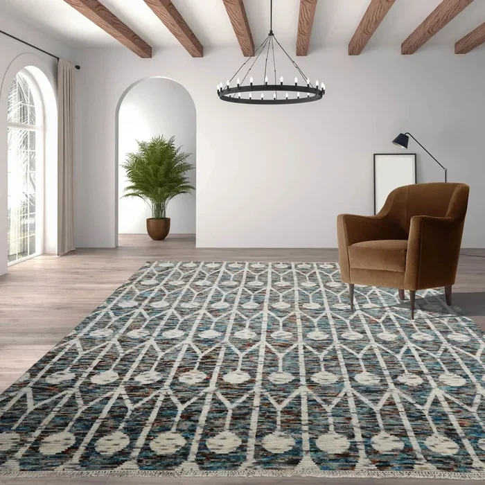 LoomBloom 8×10 Ivory, Turquoise Hand Knotted 100% Wool Oushak Art Deco Oriental Area Rug