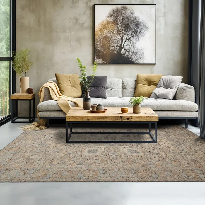loomBloom 9×12 Beige, Tan Hand Knotted Oushak Embossed Look Transitional Geometric Wool and Silk Oriental Area Rug