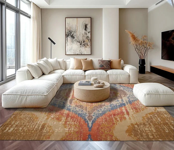 loomBloom 9’x12′ Beige Hand Knotted Abstract Modern Geometric Wool and Silk Oriental Area Rug