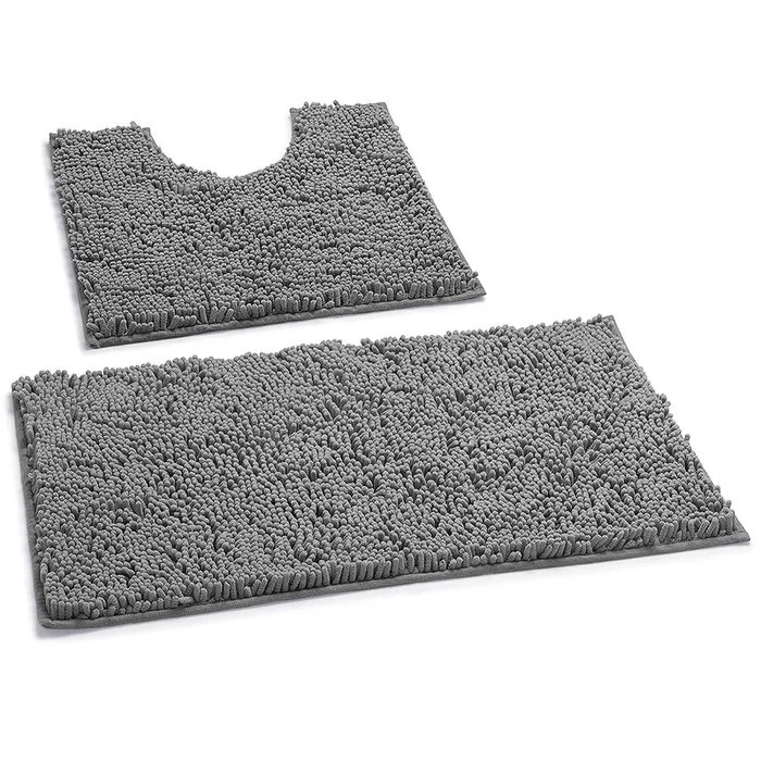 LuxUrux Bathroom Rugs Luxury Chenille 2-Piece Bath Mat Set, Light Grey