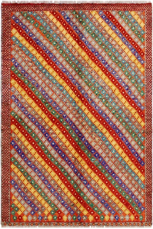 Modern Balochi Ali Orange/Blue Wool Rug – 5’1” x 6’7”