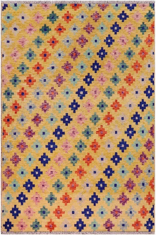 Modern Balochi Constanc Gold/Blue Wool Rug – 3’6” x 4’10”