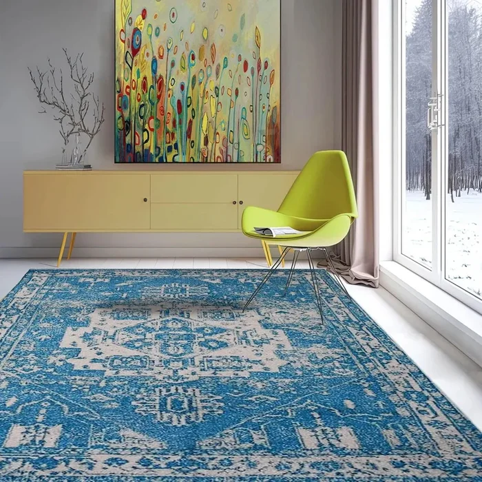 Multi Sizes Handmade Micro Printed Polyester Traditional Oriental Area Rug Blue, White Color